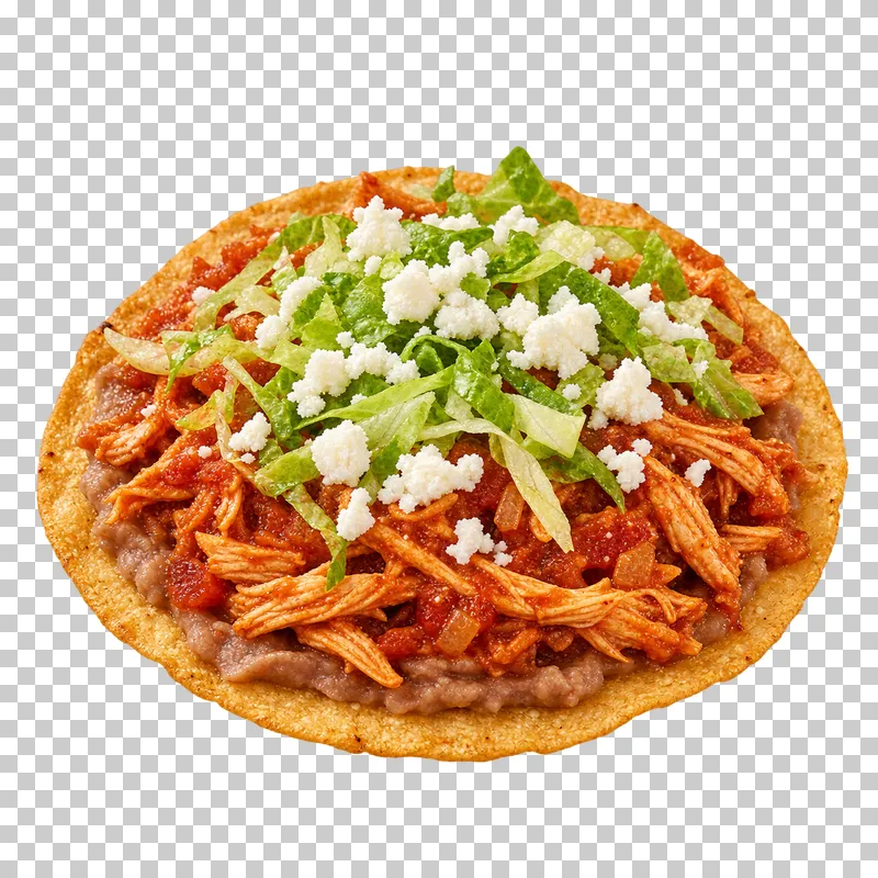 Flat crisp tostada layered with beans, chicken tinga, lettuce and white cheese.