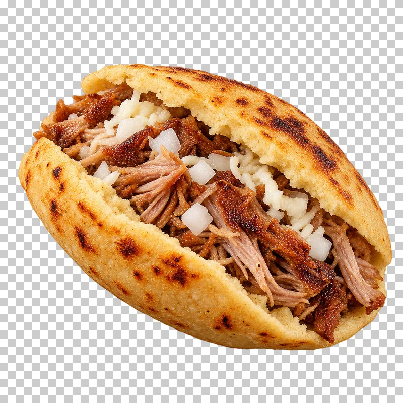 Thick masa gordita split open to show shredded pork, onion and cheese.