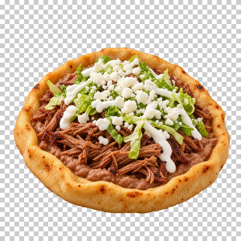 Thick beef sope with a raised pinched masa rim, beans, lettuce, crema and cheese.