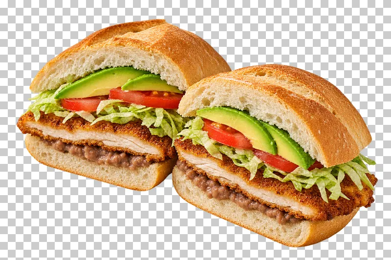 Two milanesa torta halves with breaded chicken, avocado, tomato, lettuce and beans.
