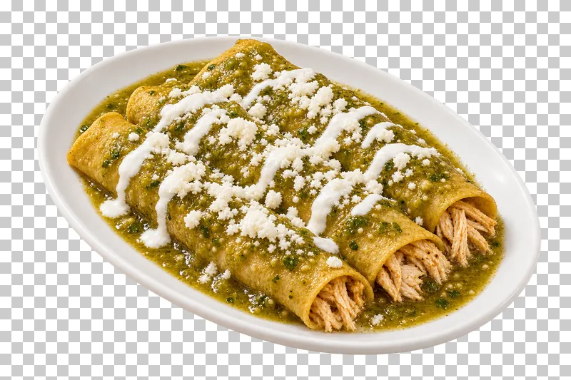 Three chicken enchiladas with green tomatillo sauce, crema and cheese on a white plate.