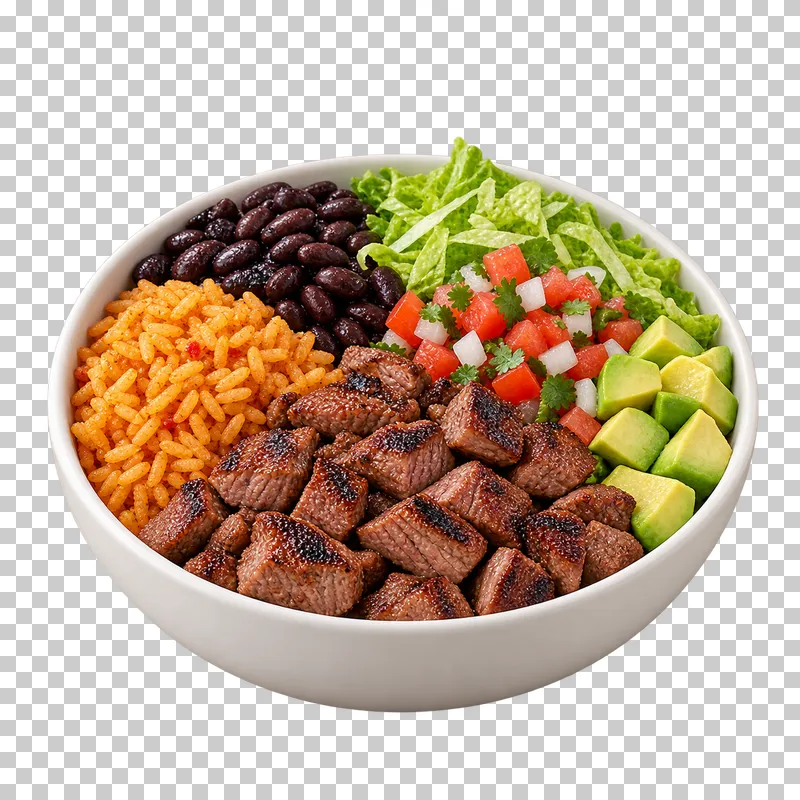 White burrito bowl with grilled steak, rice, black beans, lettuce, pico and avocado.