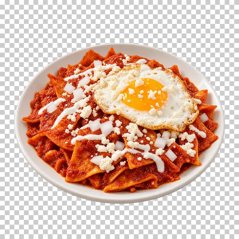 Red-sauced chilaquiles with one fried egg, crema, cheese and onion on a white plate.