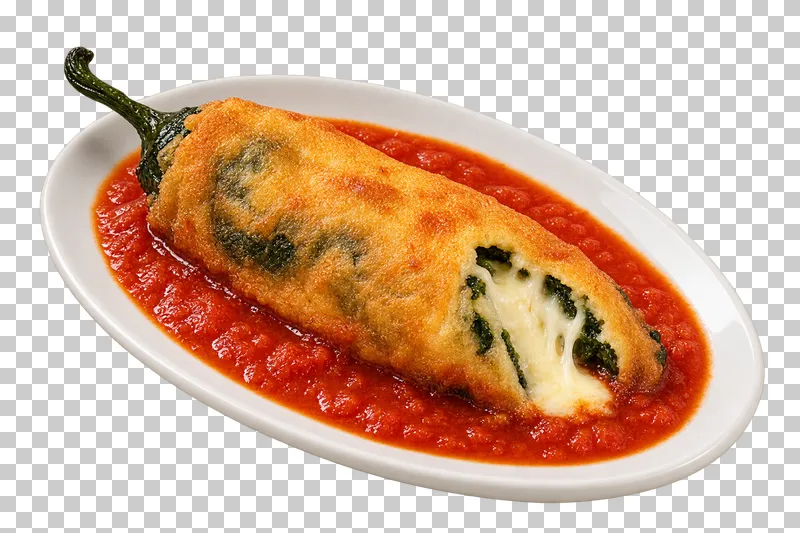 Battered cheese-filled poblano chile relleno with red tomato sauce on a white plate.