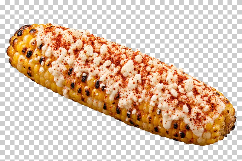 Grilled elote corn cob dressed with crema, crumbled white cheese and chile powder.