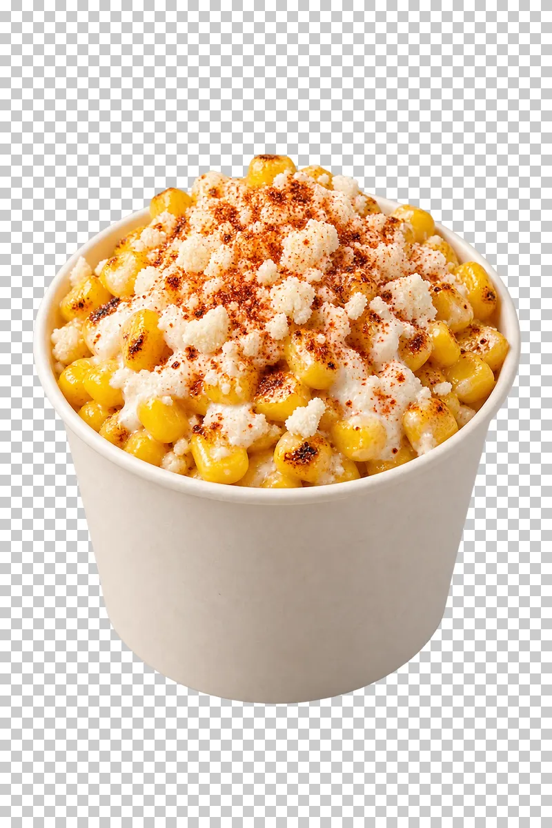 Unprinted paper cup of esquites corn kernels with crema, white cheese and chile.