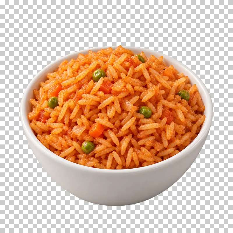 Small white bowl of fluffy tomato-tinted Mexican red rice with sparse vegetables.