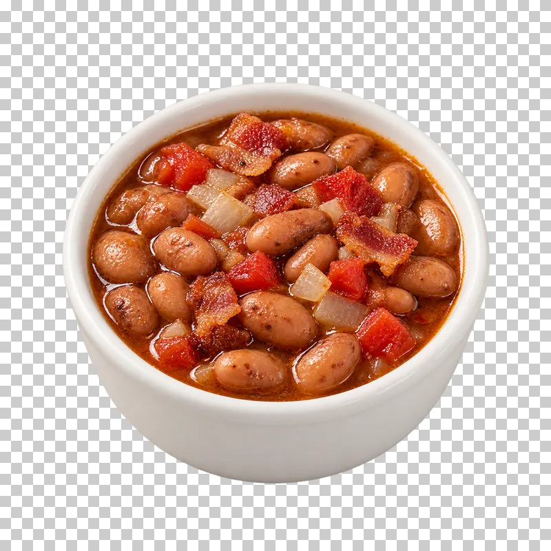 Small white bowl of frijoles charros with whole pinto beans, broth, bacon and vegetables.