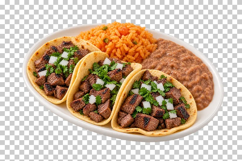 White lunch tray with three soft carne-asada tacos, Mexican rice and refried beans.