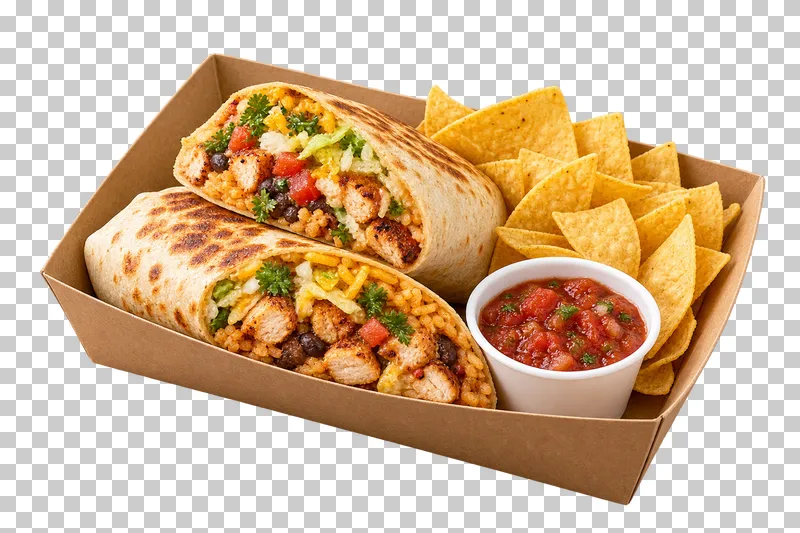 Unprinted kraft takeaway tray with chicken burrito halves, tortilla chips and a salsa cup.