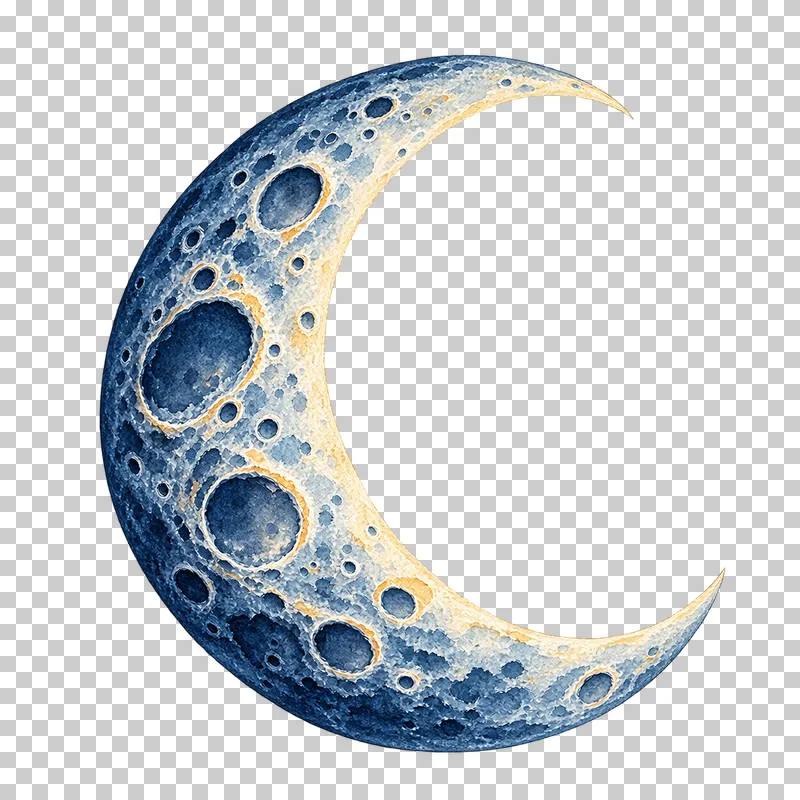 Cratered crescent moon in textured indigo, dusty-blue, teal and warm-ochre watercolor on a transparent background.