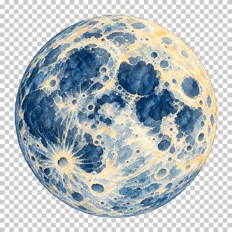 Textured full moon in textured indigo, dusty-blue, teal and warm-ochre watercolor on a transparent background.