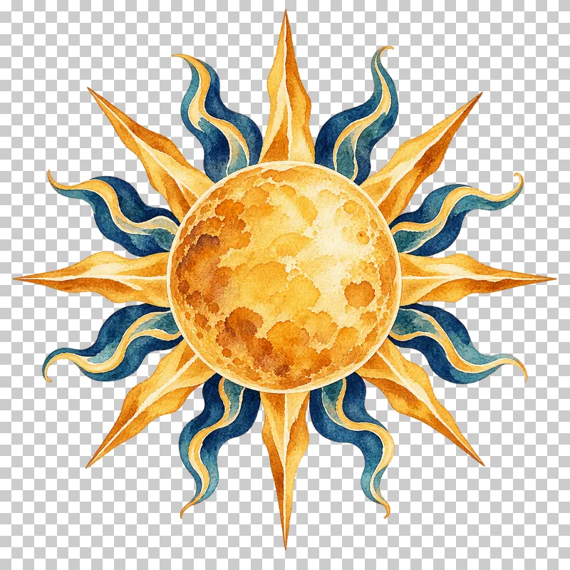 Radiant painted sun in textured indigo, dusty-blue, teal and warm-ochre watercolor on a transparent background.