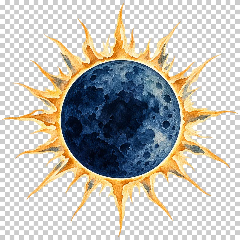 Eclipsed sun corona in textured indigo, dusty-blue, teal and warm-ochre watercolor on a transparent background.