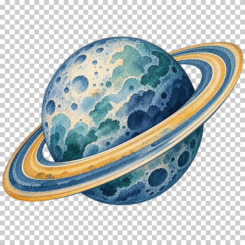 Ringed watercolor planet in textured indigo, dusty-blue, teal and warm-ochre watercolor on a transparent background.