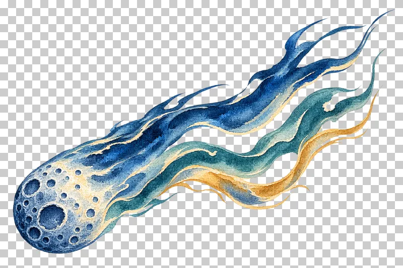 Long-tailed comet in textured indigo, dusty-blue, teal and warm-ochre watercolor on a transparent background.