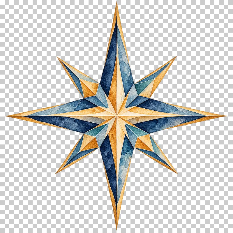 Ornate painted compass star in textured indigo, dusty-blue, teal and warm-ochre watercolor on a transparent background.
