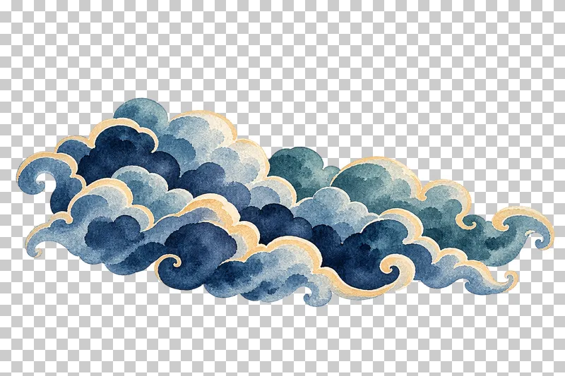 Layered watercolor cloud bank in textured indigo, dusty-blue, teal and warm-ochre watercolor on a transparent background.