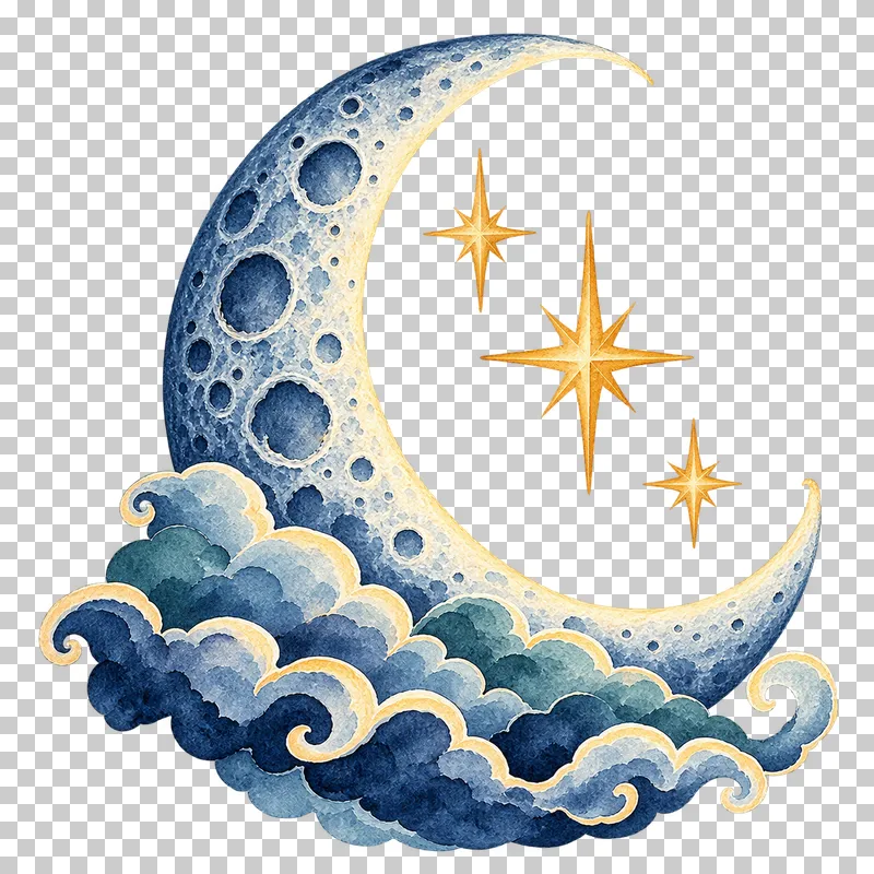 Crescent cradled in clouds in textured indigo, dusty-blue, teal and warm-ochre watercolor on a transparent background.