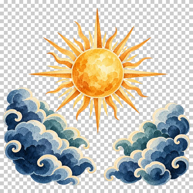 Sun above parting clouds in textured indigo, dusty-blue, teal and warm-ochre watercolor on a transparent background.