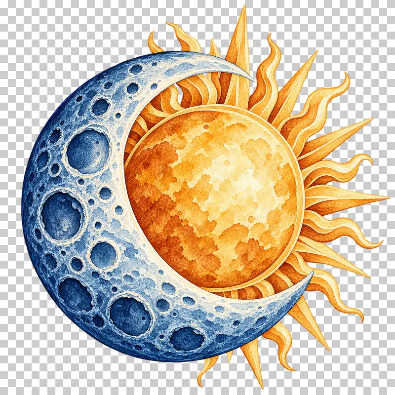 Intertwined sun-and-moon medallion in textured indigo, dusty-blue, teal and warm-ochre watercolor on a transparent background.