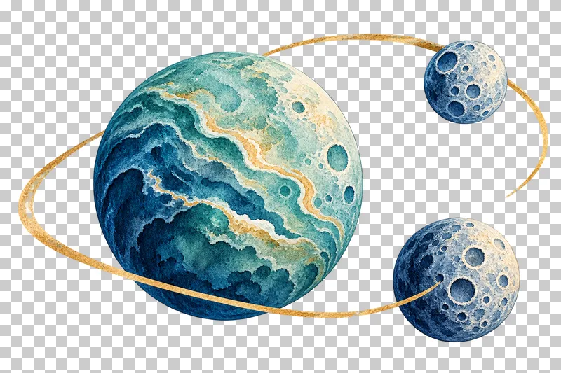 Planet with orbiting satellites in textured indigo, dusty-blue, teal and warm-ochre watercolor on a transparent background.