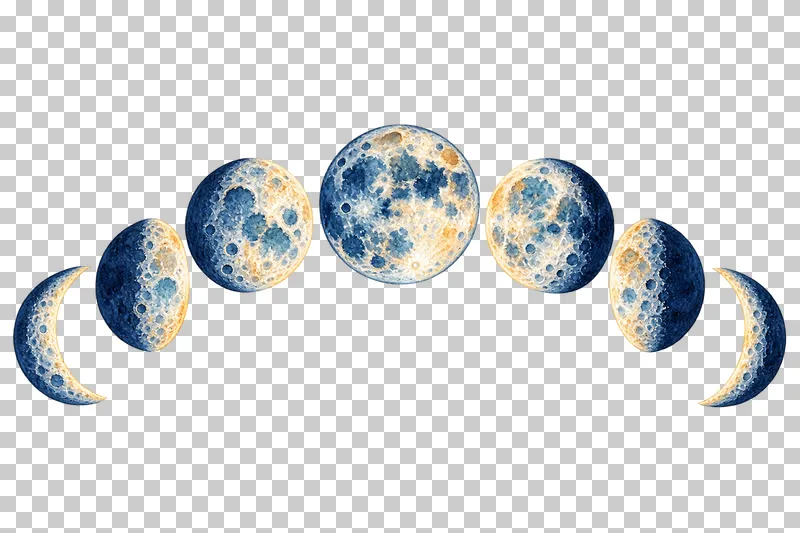Seven-phase lunar arc in textured indigo, dusty-blue, teal and warm-ochre watercolor on a transparent background.