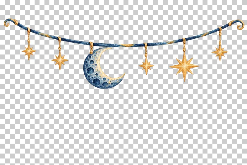 Hanging crescent-and-star canopy in textured indigo, dusty-blue, teal and warm-ochre watercolor on a transparent background.