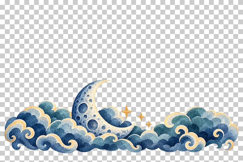 Shallow moon-and-cloud footer in textured indigo, dusty-blue, teal and warm-ochre watercolor on a transparent background.