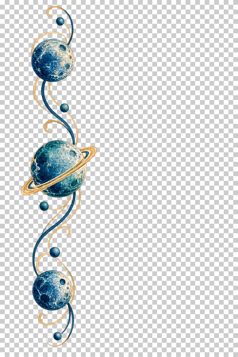 Vertical planetary orbit border in textured indigo, dusty-blue, teal and warm-ochre watercolor on a transparent background.