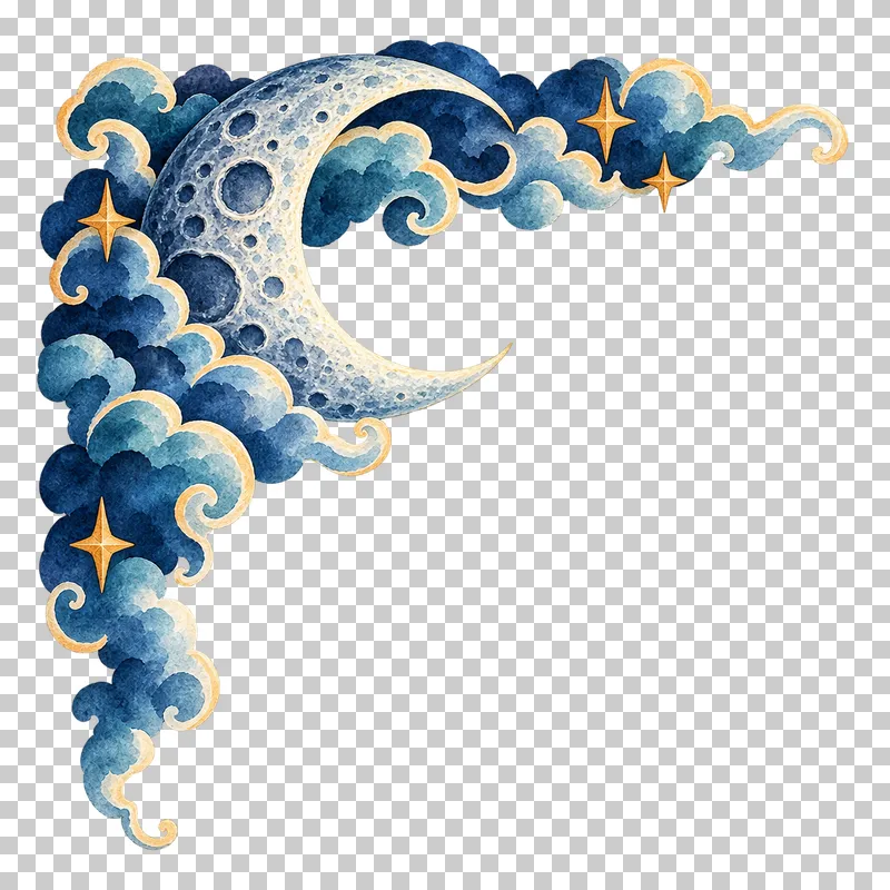 Dense moon-cloud upper-left corner in textured indigo, dusty-blue, teal and warm-ochre watercolor on a transparent background.