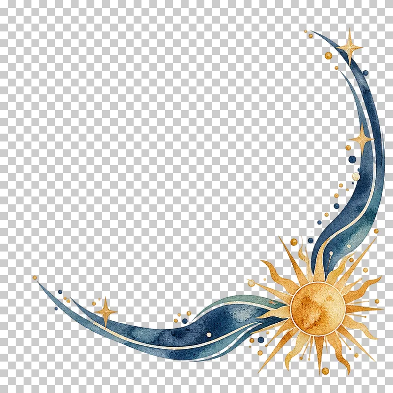 Airy sun-comet lower-right corner in textured indigo, dusty-blue, teal and warm-ochre watercolor on a transparent background.