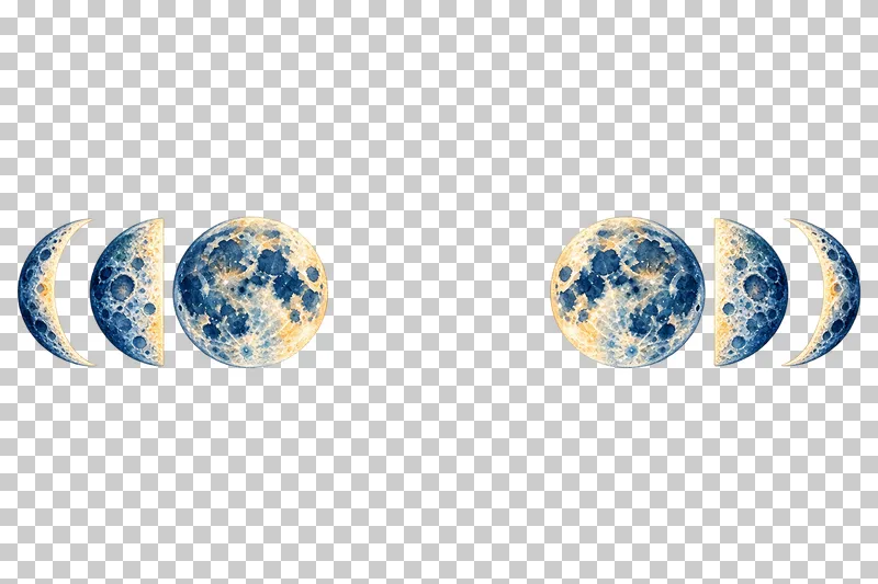Split moon-phase divider in textured indigo, dusty-blue, teal and warm-ochre watercolor on a transparent background.