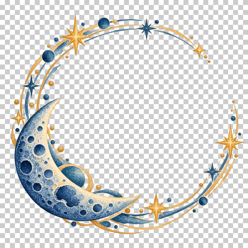 Open circular moon-star wreath in textured indigo, dusty-blue, teal and warm-ochre watercolor on a transparent background.