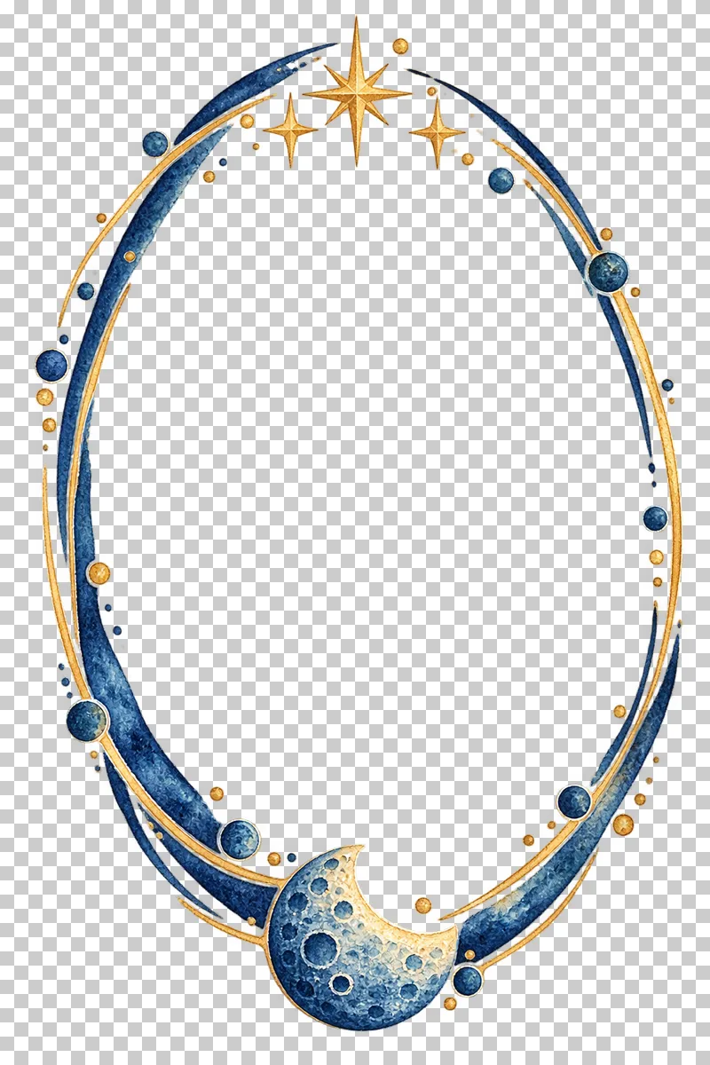 Tall oval orbit frame in textured indigo, dusty-blue, teal and warm-ochre watercolor on a transparent background.