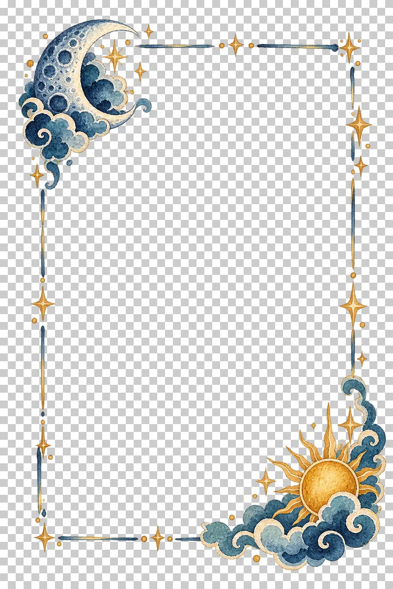 Asymmetric portrait celestial frame in textured indigo, dusty-blue, teal and warm-ochre watercolor on a transparent background.