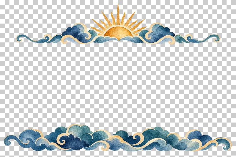 Wide sun-cloud message surround in textured indigo, dusty-blue, teal and warm-ochre watercolor on a transparent background.