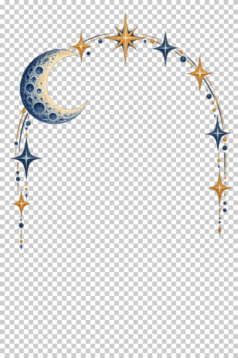 Open-bottom starry crescent arch in textured indigo, dusty-blue, teal and warm-ochre watercolor on a transparent background.