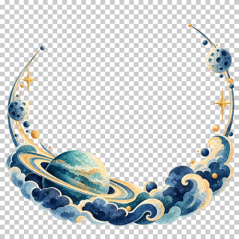 Planetary lower U surround in textured indigo, dusty-blue, teal and warm-ochre watercolor on a transparent background.