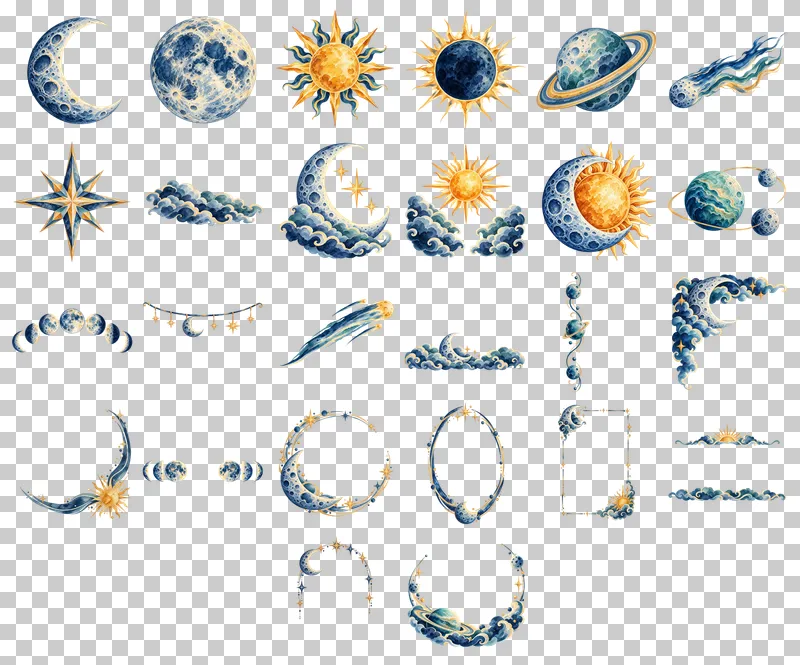 Celestial Celebration Stationery Watercolor PNG Collection: all 26 elements in one grid