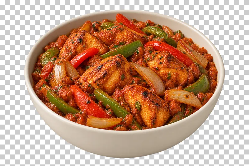Chicken pieces with long green and red pepper strips and onion petals in a reduced tomato coating, in a shallow ivory bowl.