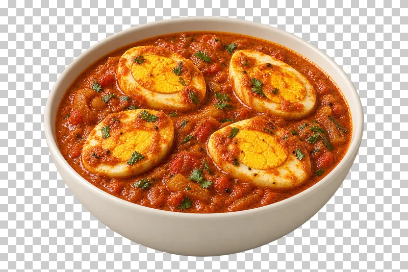 Two boiled eggs cut lengthwise into four halves, visible yolks upward, in thick onion-tomato gravy in a shallow ivory bowl.