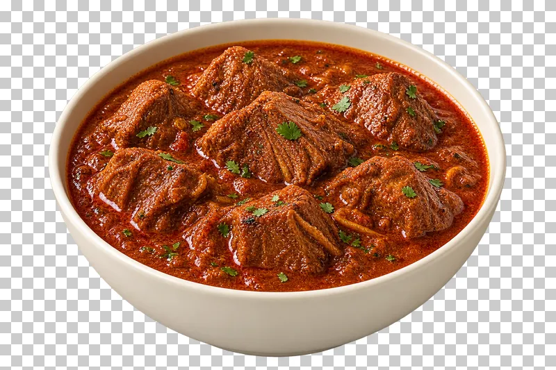 Substantial boneless lamb pieces in a deep red-brown reduced gravy, with a restrained natural oil sheen, in a shallow ivory bowl.
