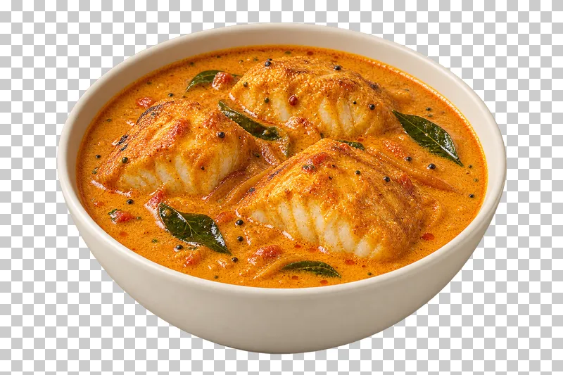Three thick boneless white-fish pieces in a coconut-tamarind curry, with a few curry leaves, in a shallow ivory bowl.