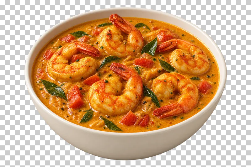 Several whole peeled curved prawns with visible tails in coconut-based curry, with small tomato pieces and curry leaves, in a shallow ivory bowl.