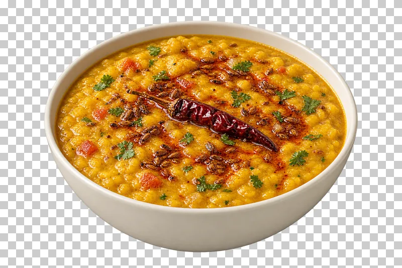 Thick cooked yellow split lentils topped with a small fried-cumin tempering and one attached whole dried chili, in a shallow ivory bowl