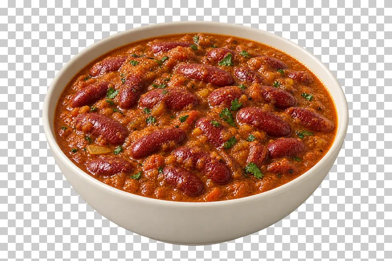 Large whole red kidney beans in thick reduced onion-tomato gravy, in a shallow ivory bowl.