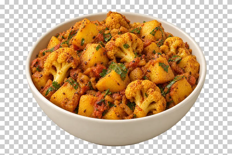 Dry-cooked irregular potato cubes and cauliflower florets with spice flecks, in a shallow ivory serving bowl.