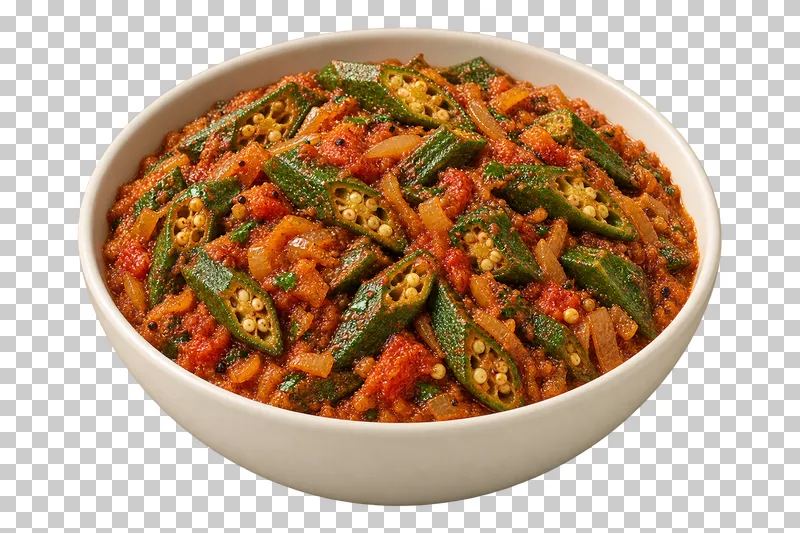 Cooked diagonally cut okra with visible seed cross-sections, onion and reduced tomato, in a shallow ivory bowl.