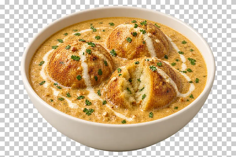 Three round paneer-and-potato kofta dumplings, one slightly opened to show the pale vegetable interior, in thick light nut-based gravy in a shallow ivory bowl.